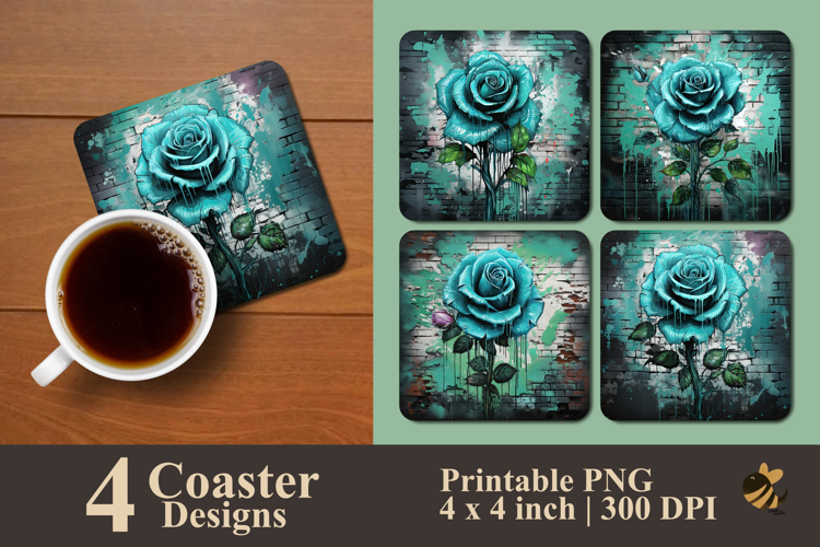 Turquoise Rose Splash Coaster Sublimation Design
