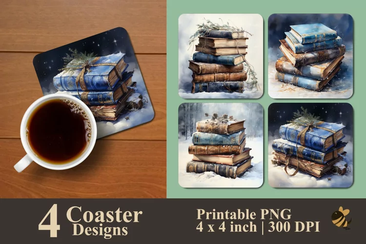 Winter Stack Of Books Coaster Sublimation Designs