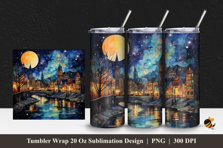Starry Night At City Tumbler Wrap Sublimation Design 1 example image 1