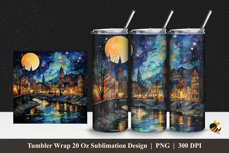 Starry Night At City Tumbler Wrap Sublimation Design 1