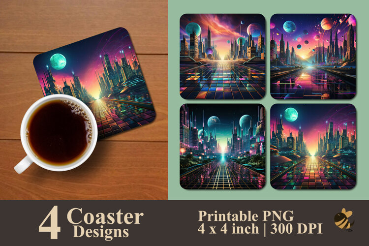 Retro Futurism Neon Coaster Sublimation Design example image 1