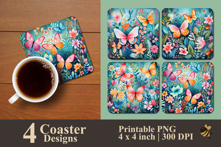 Harmony Floral And Butterflies Coaster Sublimation Design example image 1