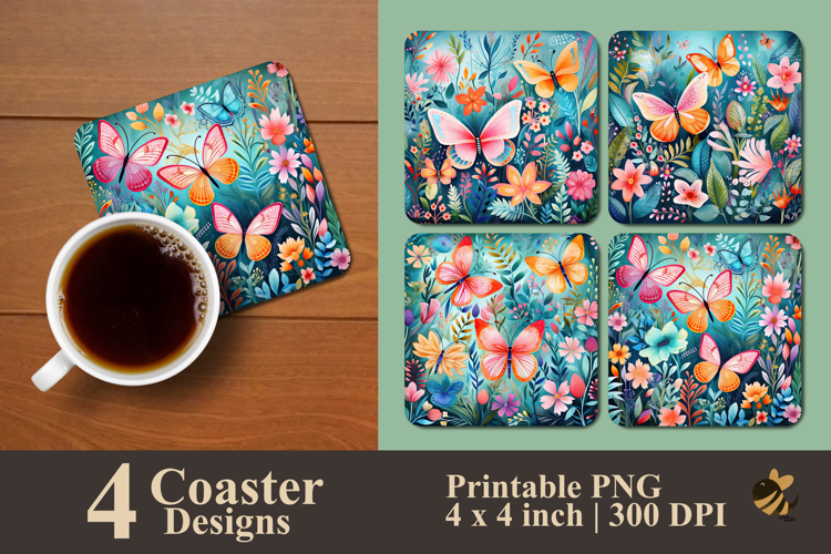 Harmony Floral And Butterflies Coaster Sublimation Design