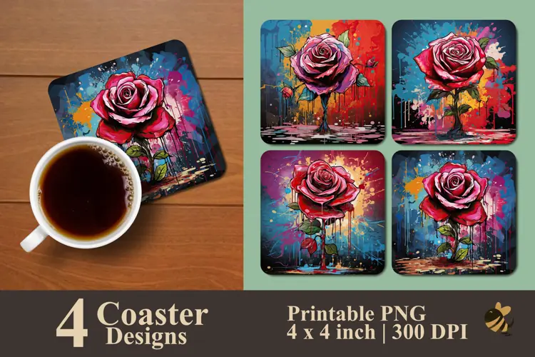 Colorful Blooming Rose Coaster Sublimation Designs