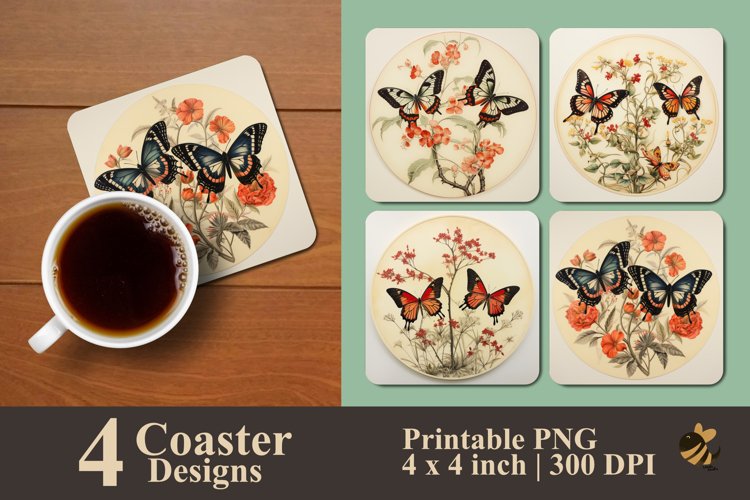 Butterflies Art Flowers Coaster Sublimation Designs example image 1