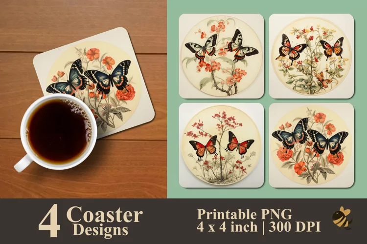 Butterflies Art Flowers Coaster Sublimation Designs