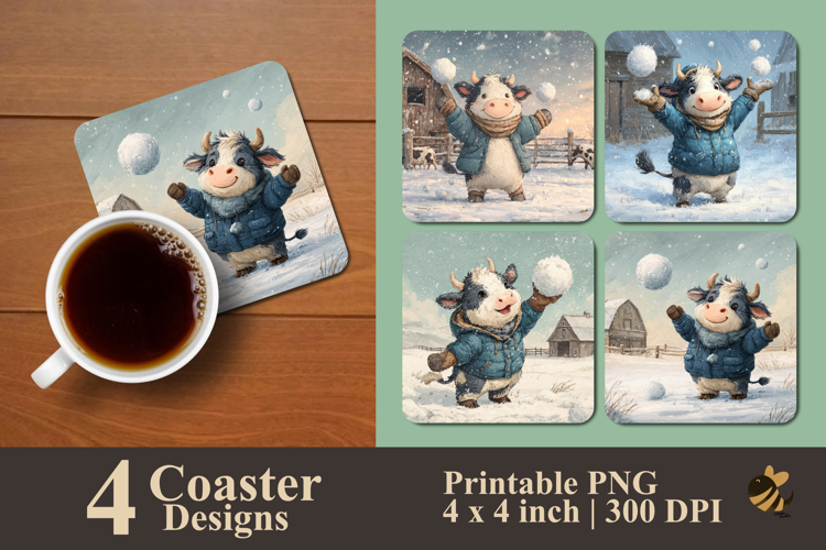 Snowball Cow Coaster Sublimation Design