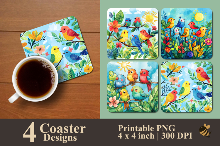Cute Colorful Little Bird Coaster Sublimation Design