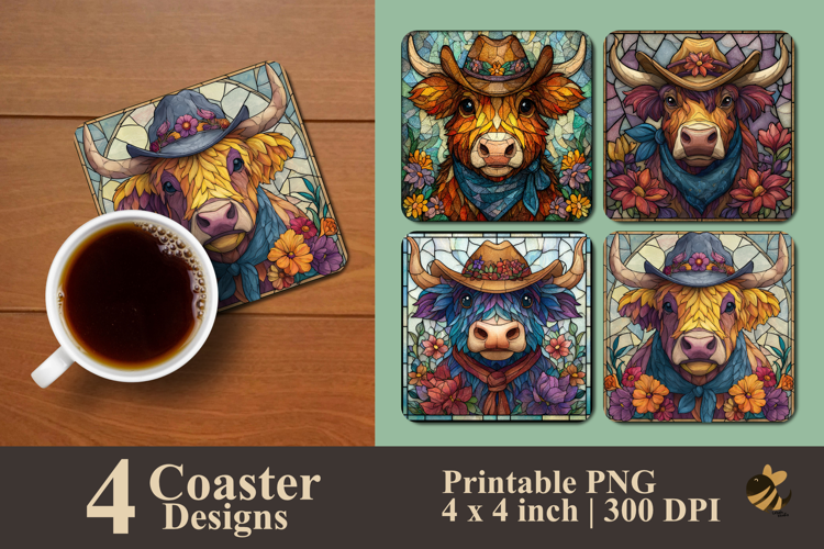 Stained Glass Cow Coaster Sublimation Design