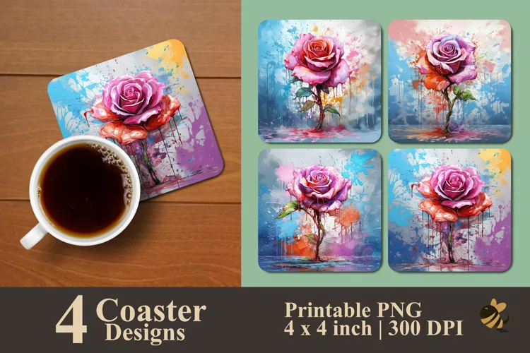Colorful Pastel Rose Coaster Sublimation Designs