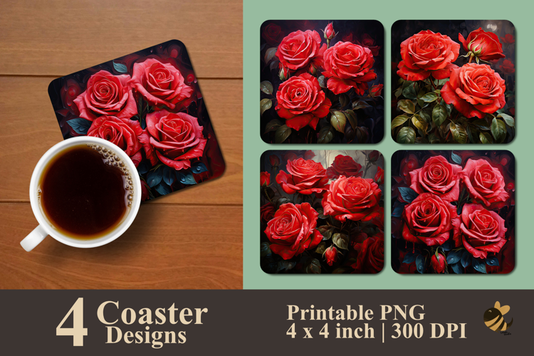 Oil Painting Scarlet Roses Coaster Sublimation Design