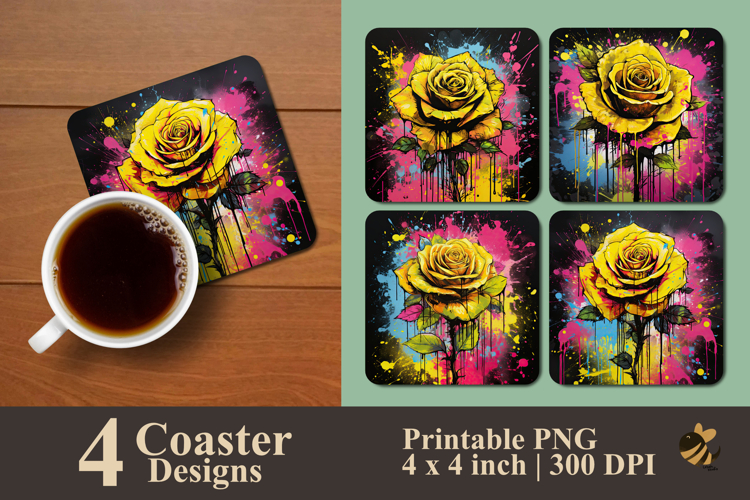 Neon Yellow Rose Splash Coaster Sublimation Design