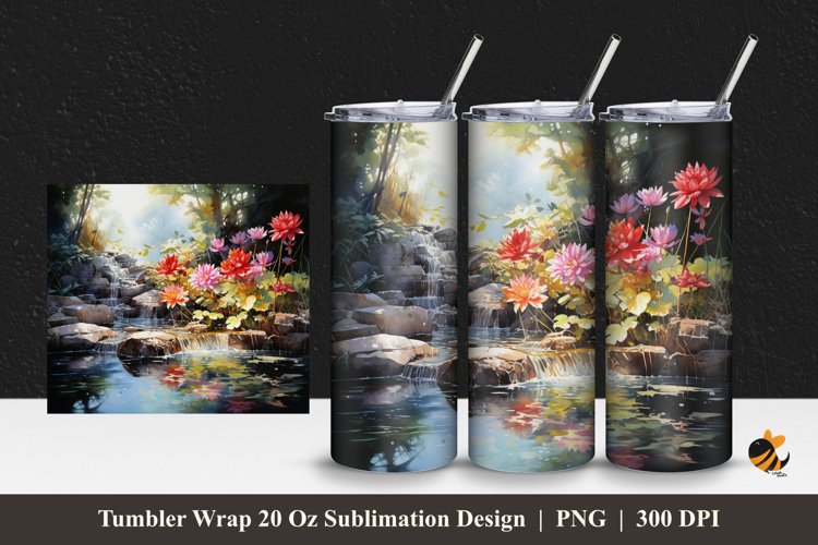 Floral And Water Tumbler Wrap Sublimation Design 1 example image 1