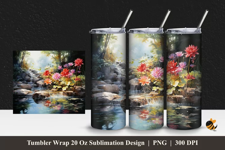 Floral And Water Tumbler Wrap Sublimation Design 1