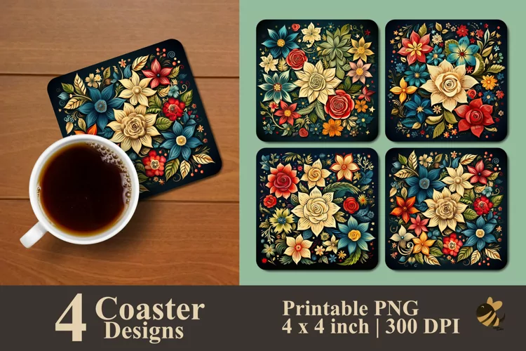Doodle Handdrawn Floral Coaster Sublimation Designs