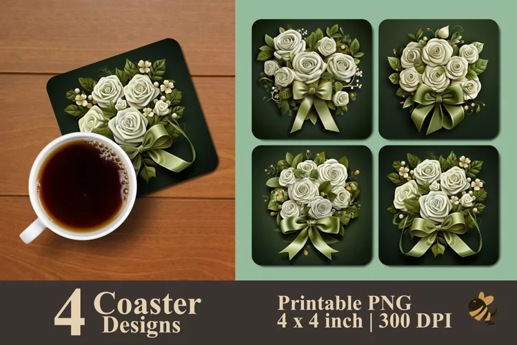 White Olive Roses Coaster Sublimation Designs