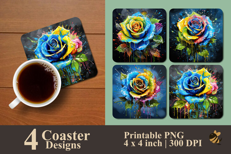 Colorful Drip Rose Coaster Sublimation Design example image 1