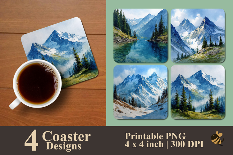 Watercolor Mountain Panorama Coaster Sublimation Design
