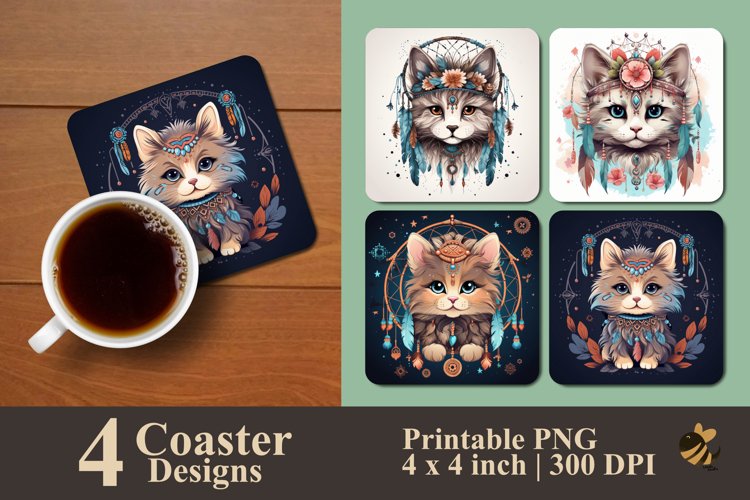 Boho Cat Coaster Sublimation Designs example image 1