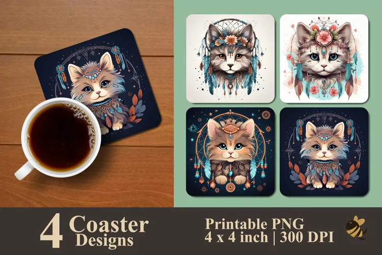 Boho Cat Coaster Sublimation Designs