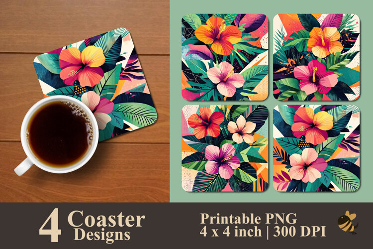 Geometric Tropical Flower Coaster Sublimation Design example image 1
