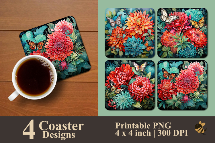 Butterfly And Dahlia Flowers Coaster Sublimation Design