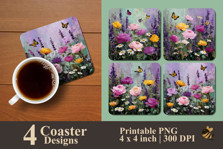 Garden And Butterflies Painting Coaster Sublimation Design