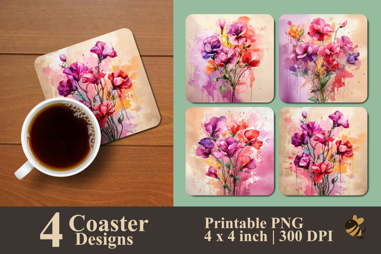 Bouquet Sweet Pea Flower Coaster Sublimation Design