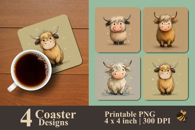 Cute Highland Settle Cow Coaster Sublimation Design