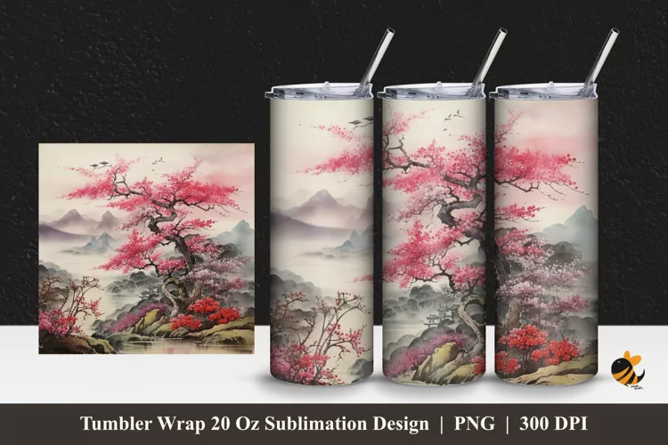 Nature And Cherry Tree Tumbler Wrap Sublimation Design 1