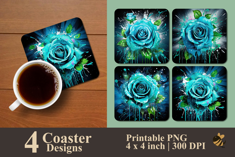 Aqua Graffiti Rose Coaster Sublimation Design