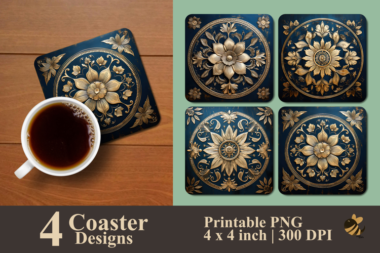 Golden Floral Tile Coaster Sublimation Design