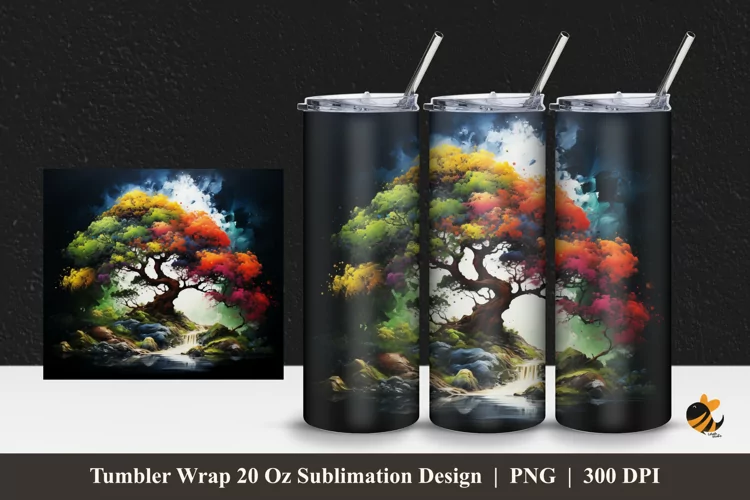 Painting Rainbow Tree Tumbler Wrap Sublimation Design 1