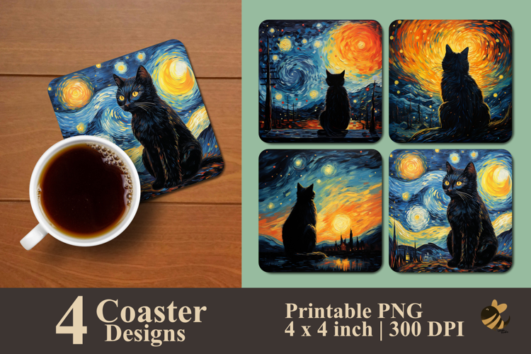 Midnight Cat Galaxy Sky Coaster Sublimation Design