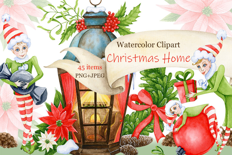 Christmas Lantern Home Watercolor Clipart Set 45 Elements