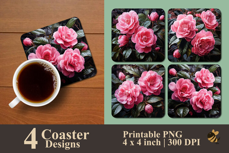 Pink Camelia Coaster Sublimation Design example image 1
