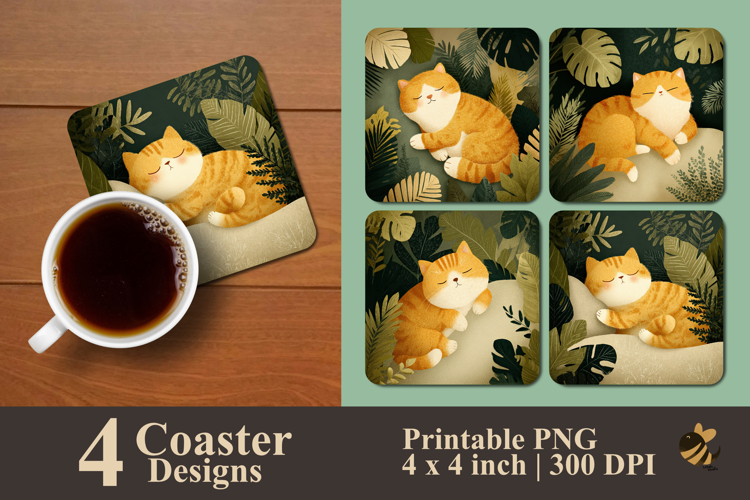 Cute Lazy Cat Coaster Sublimation Design