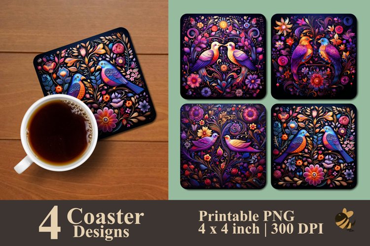 Colorful Birds Coaster Sublimation Designs