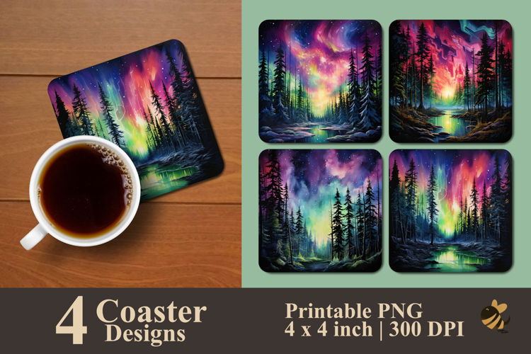 Aurora Among Pine Tree Coaster Sublimation Design