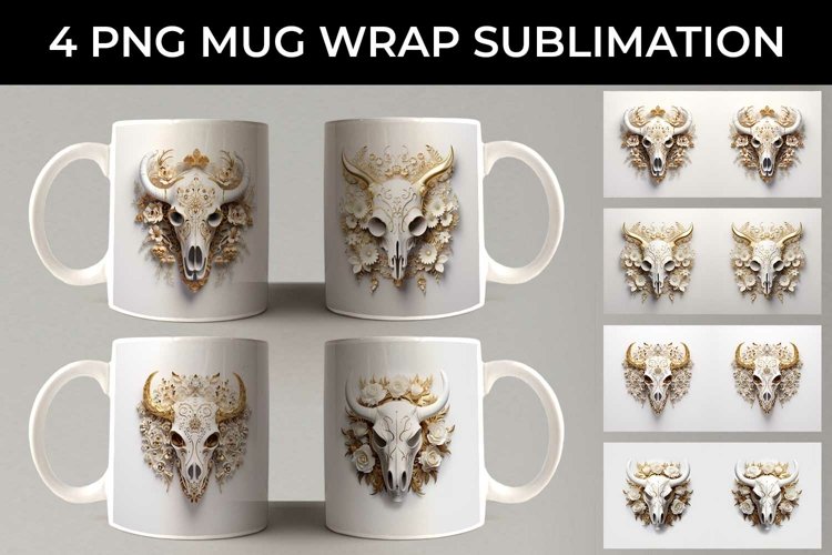 3d Gold White Bull Skull Mug Sublimation PNG