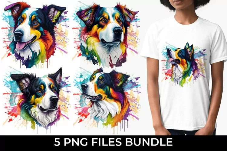 Rainbow Australian Shepherd Dog Watercolor PNG