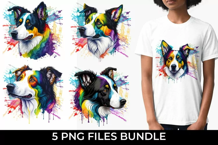 Rainbow Border Collie Dog Watercolor PNG
