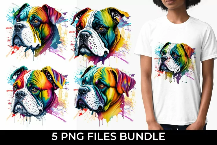 Rainbow Bulldog Dog Watercolor PNG