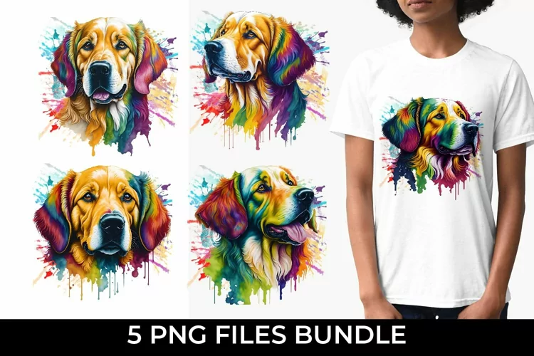 Rainbow Golden Retriever Watercolor PNG for Sublimation