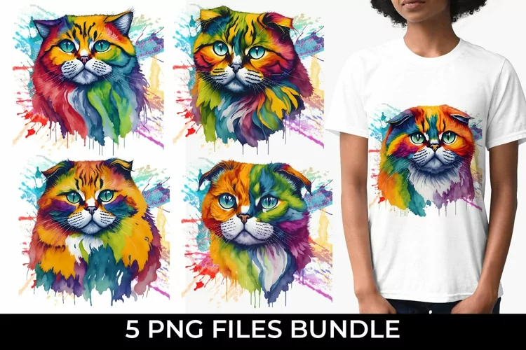 Rainbow Scottish Fold cat Watercolor PNG