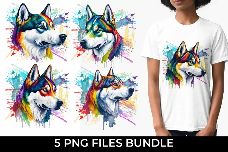Rainbow Siberian Husky Dog Watercolor PNG