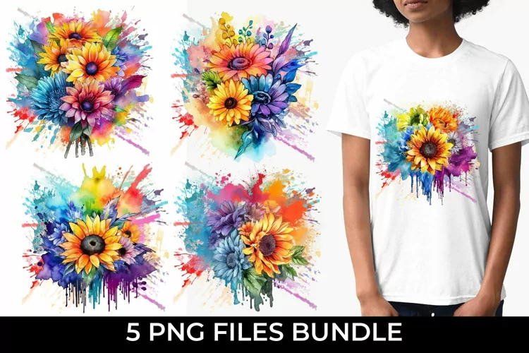Rainbow Sunflower Watercolor PNG Sublimation