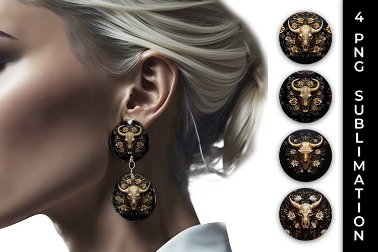 3d Gold Black Bull Skull Earrings Sublimation PNG