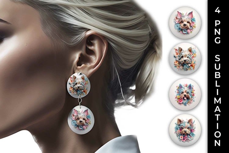 3D Floral Fantasy Yorkshire Terrier Earrings Sublimation PNG