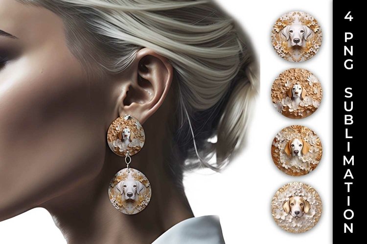3D white Floral Beagle Dog Earrings Sublimation PNG